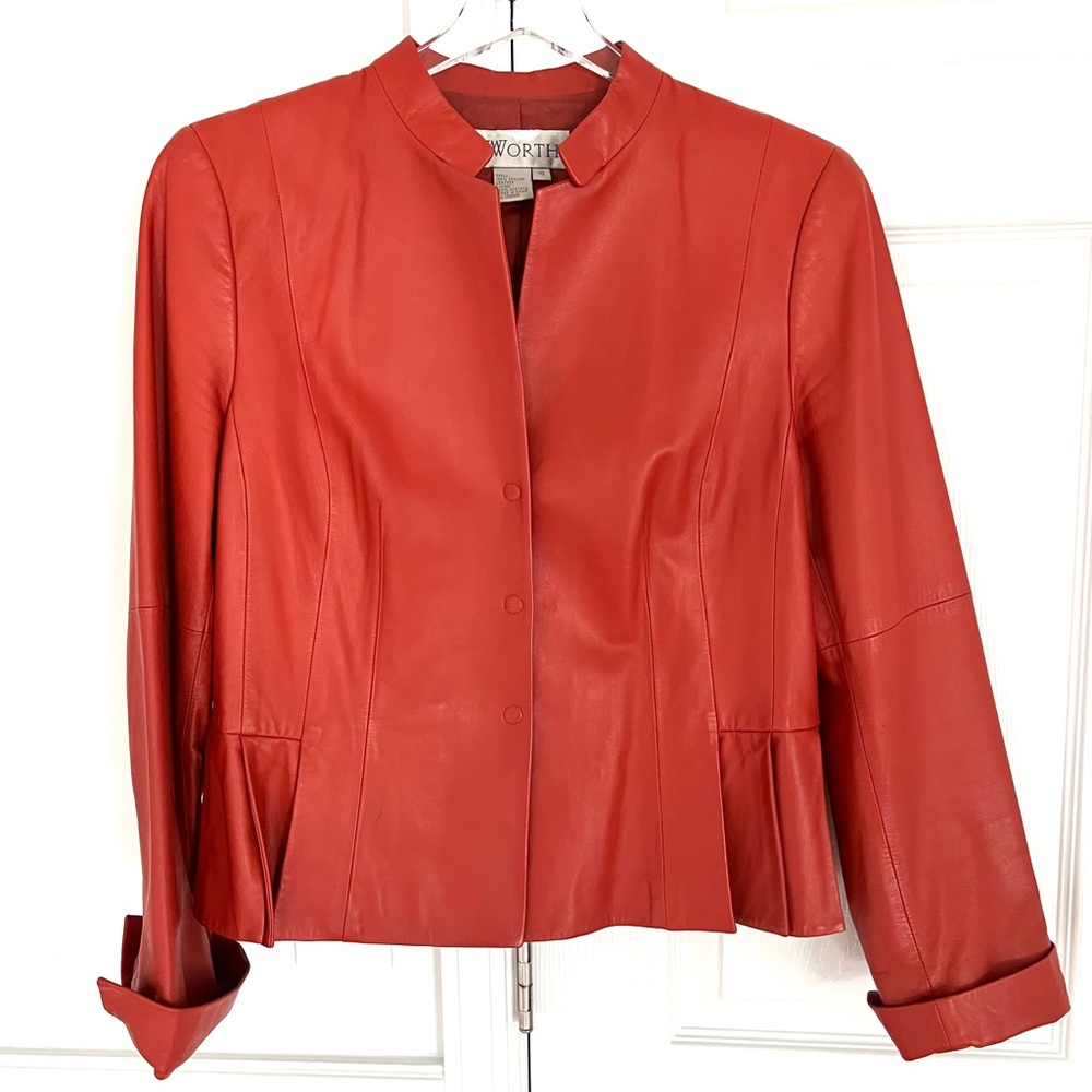 WORTH leather jacket orange peplum pleated full lined mid length Women's size 10